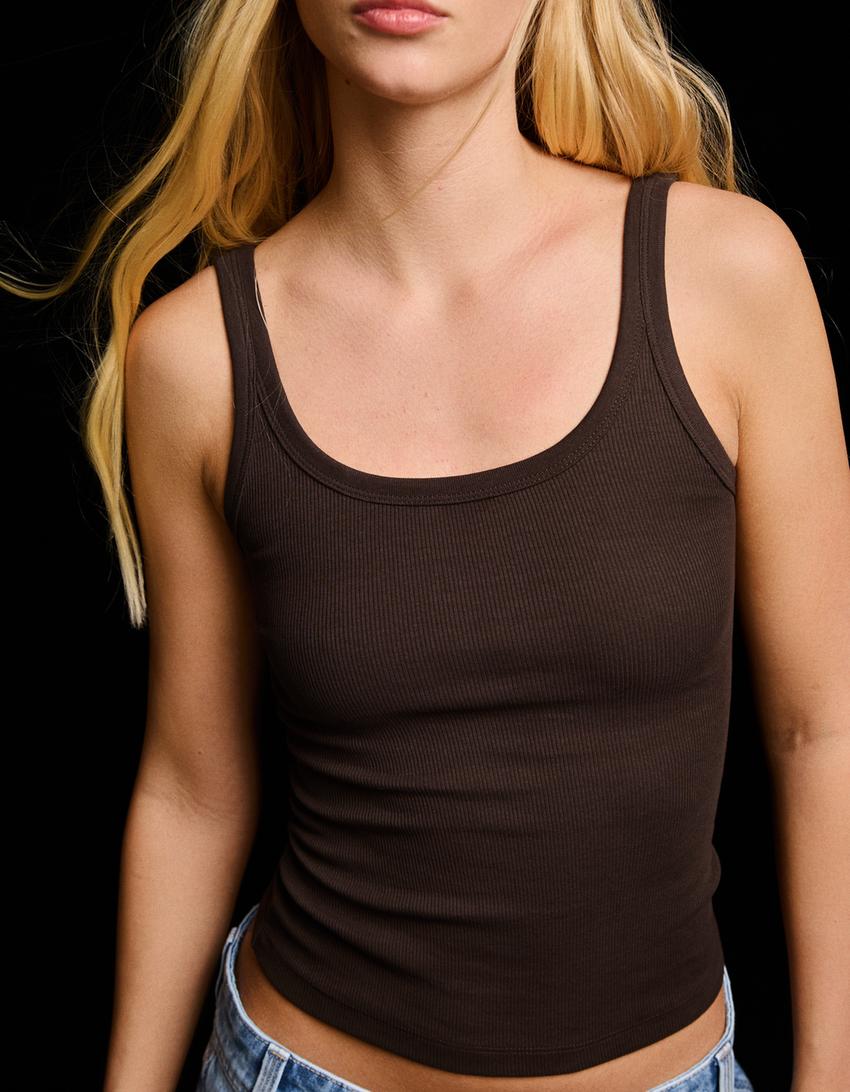 Rib vest top-Brown