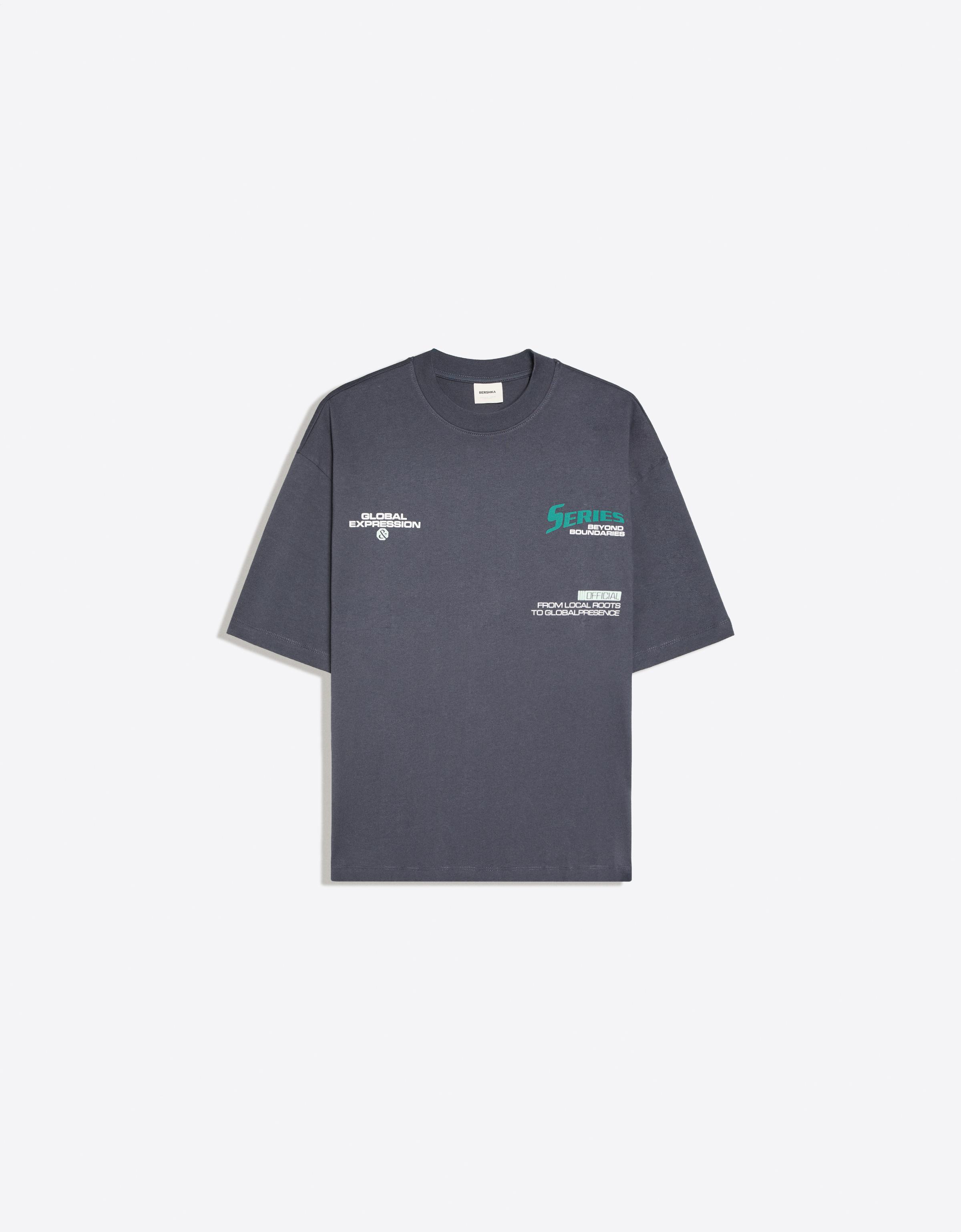 Bershka Camiseta Manga Corta Boxy Print Hombre Gris Oscuro