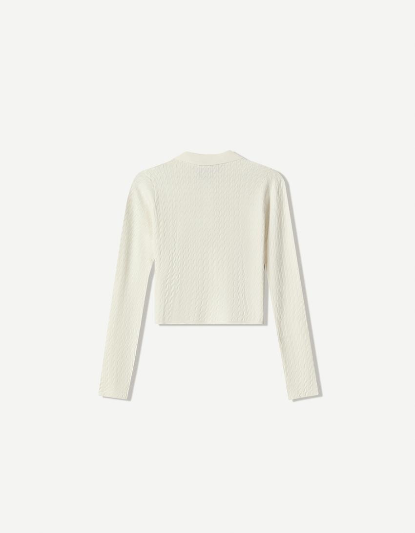 Kabelstickad tröja med tenniskrage-Krämfärgad