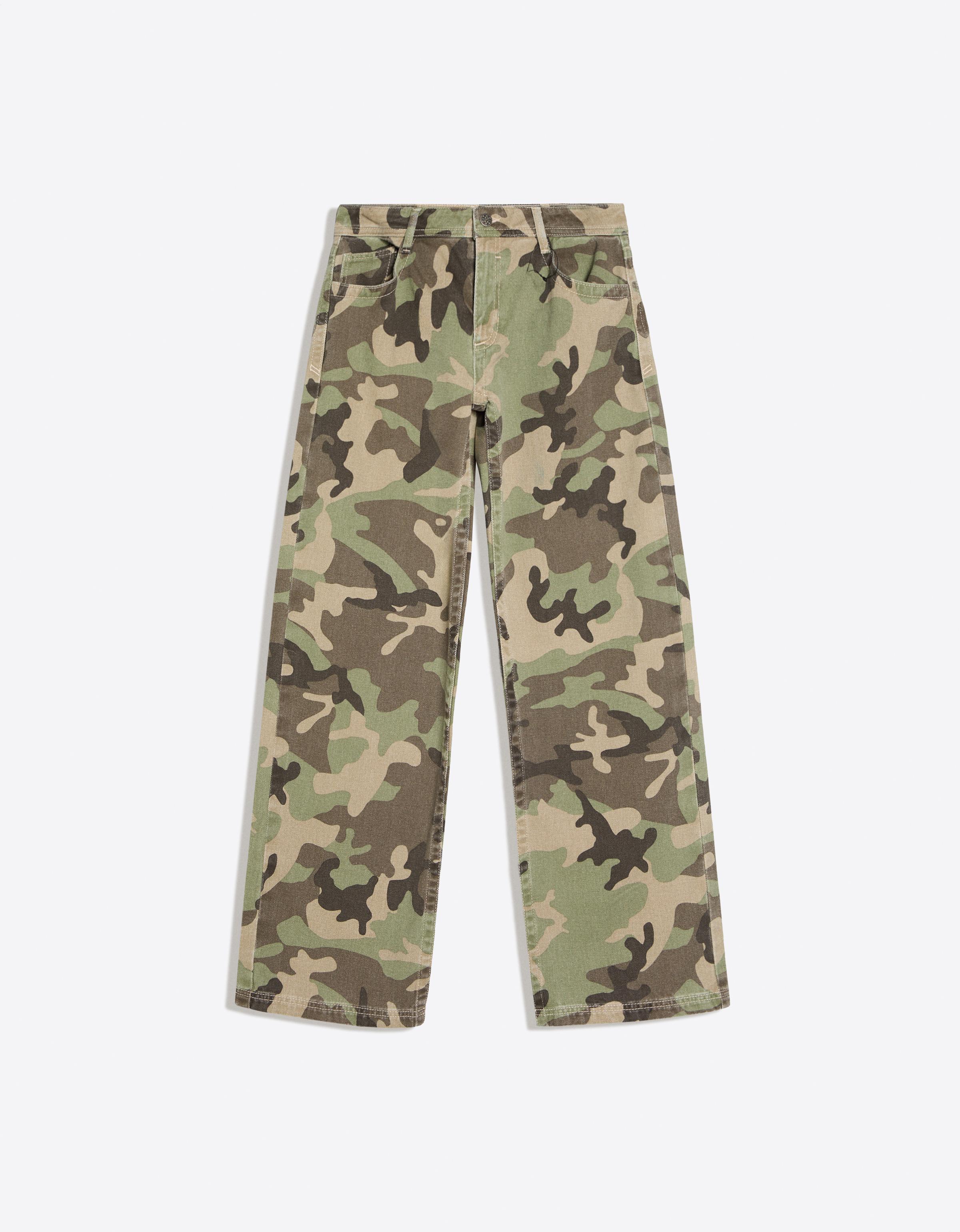 Printed straight-leg trousers — Khaki