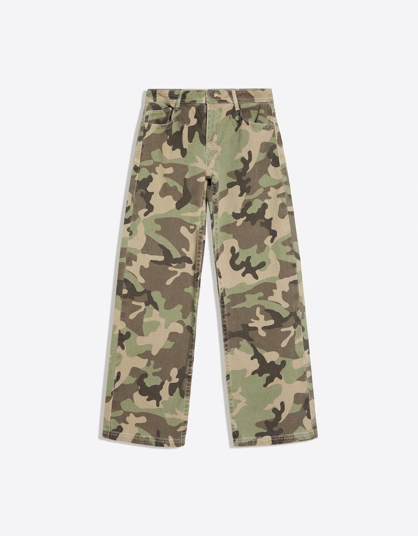 Printed straight-leg trousers-Khaki