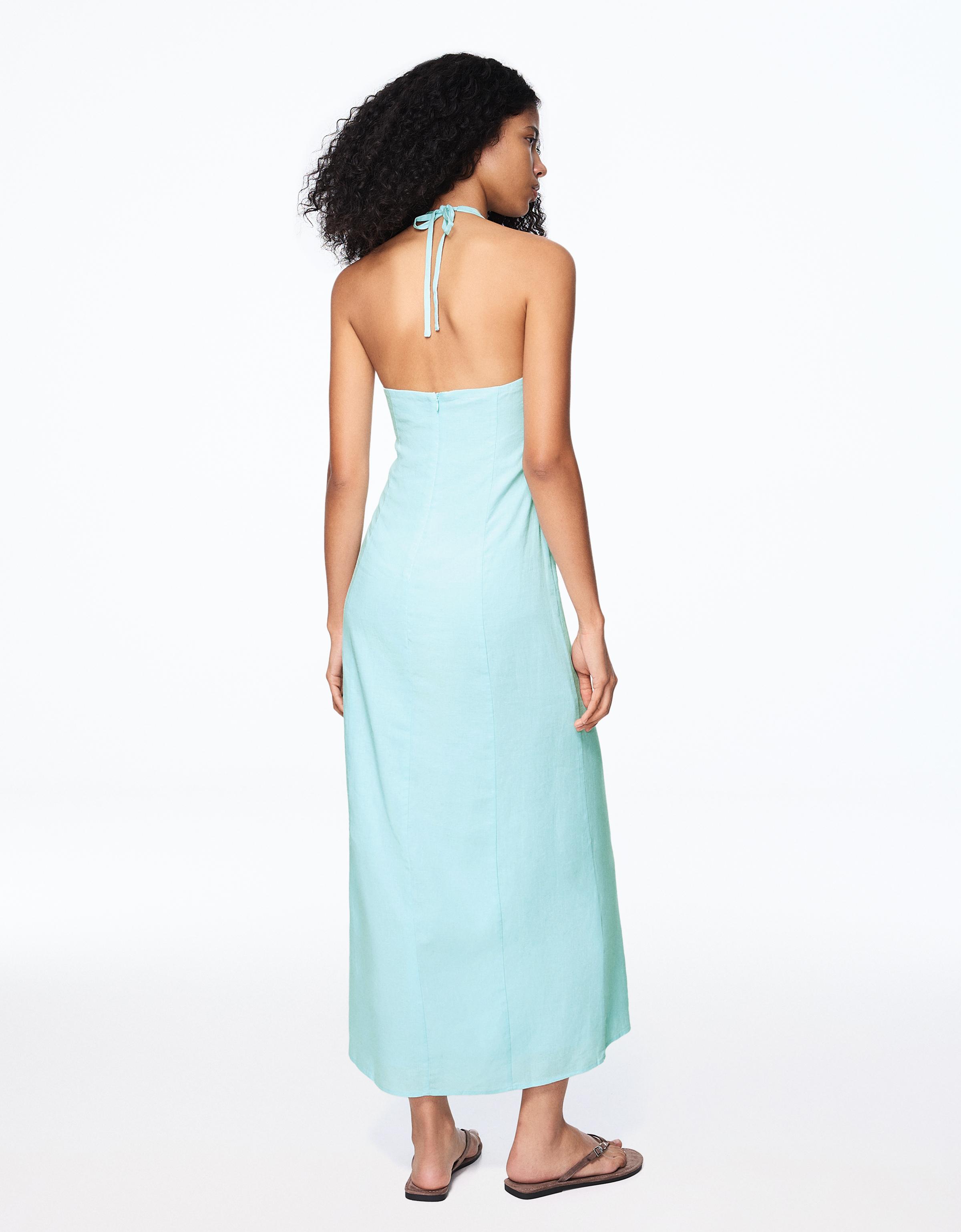 Halter midi dress with linen — Turquoise