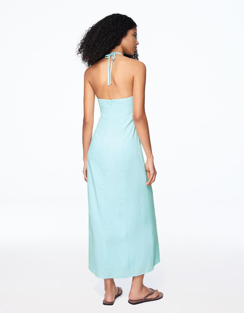 Halter midi dress with linen-Turquoise