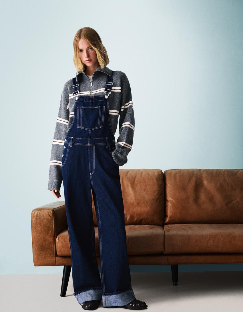 Oversize denim jumpsuit with straps-Navy-1