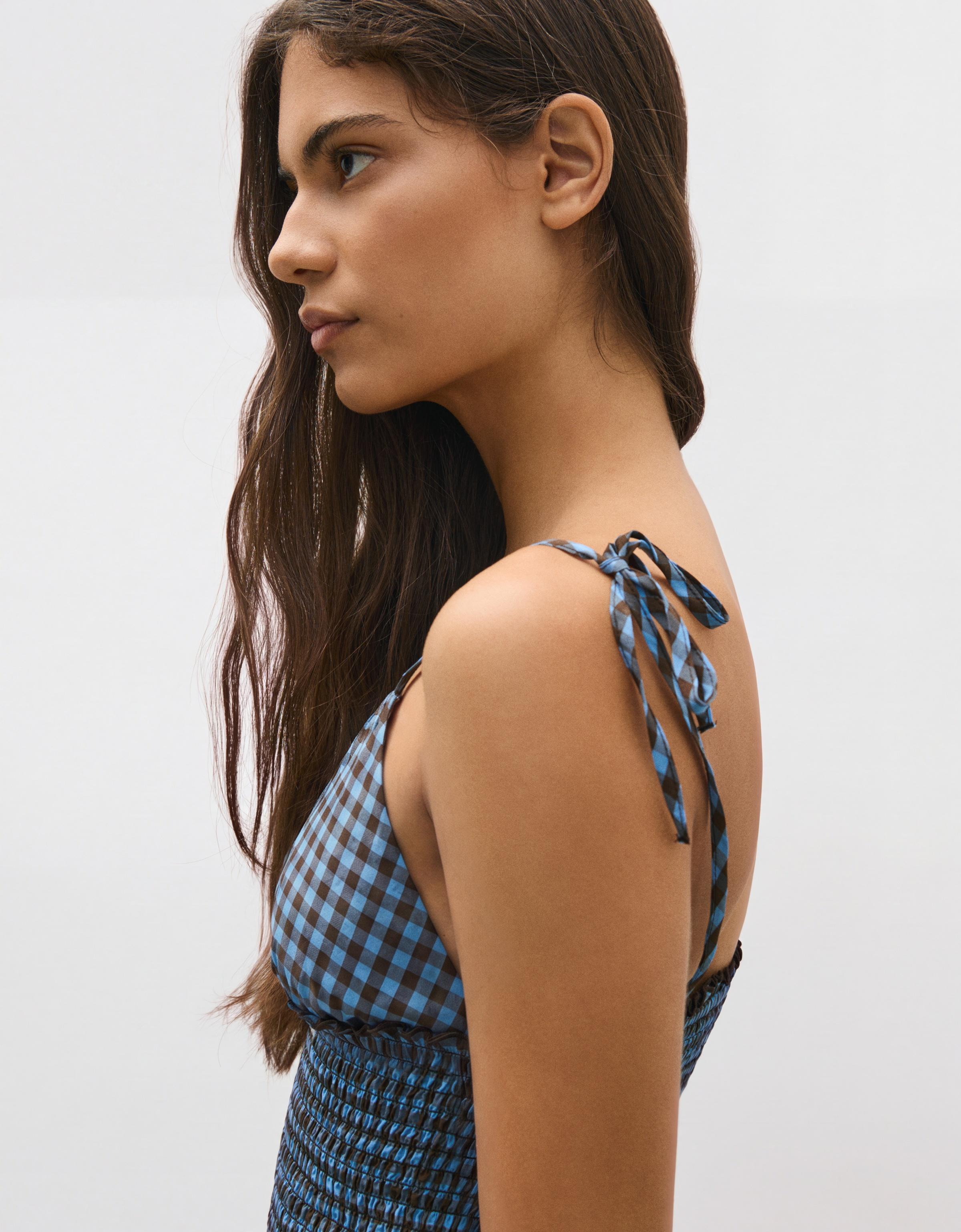 Smocked check strappy top — Blue