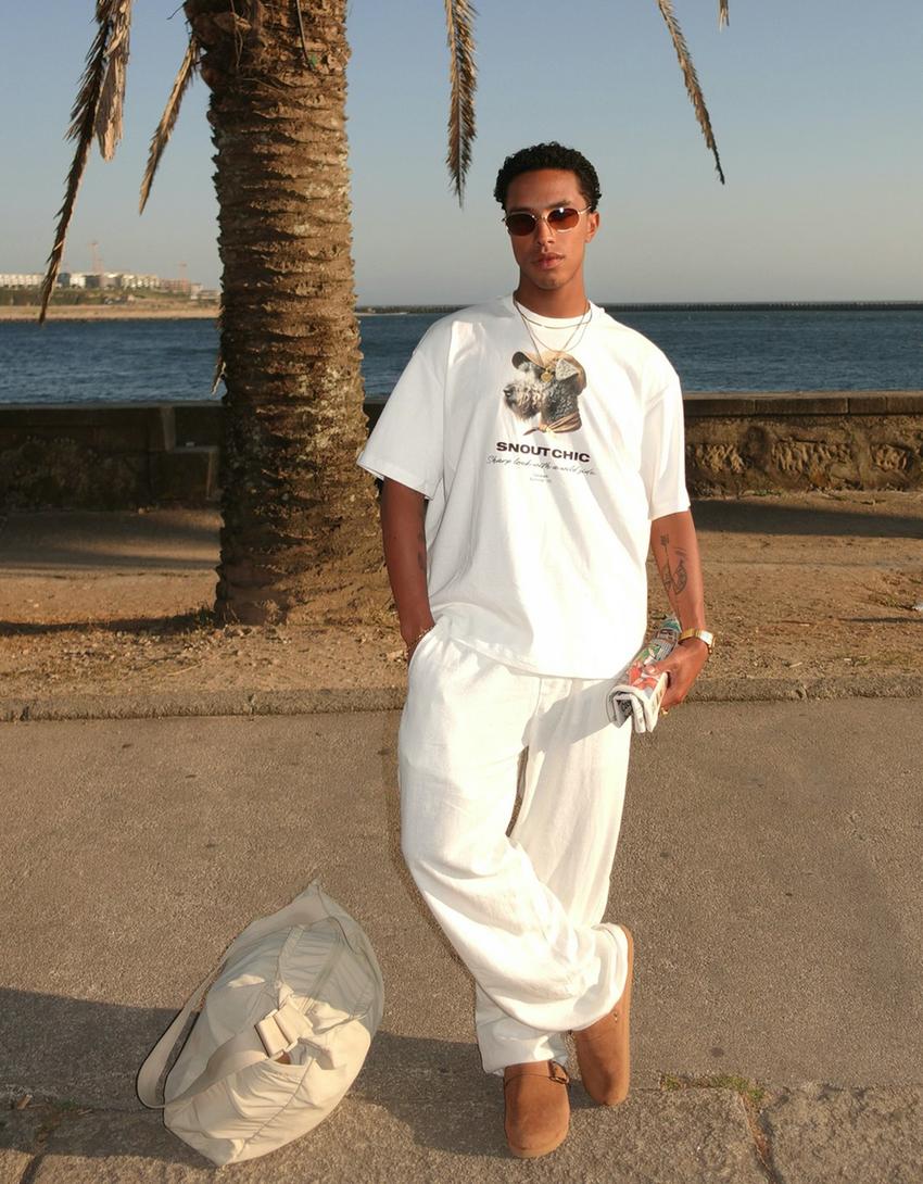 Calças jogger wide leg com linho-Branco