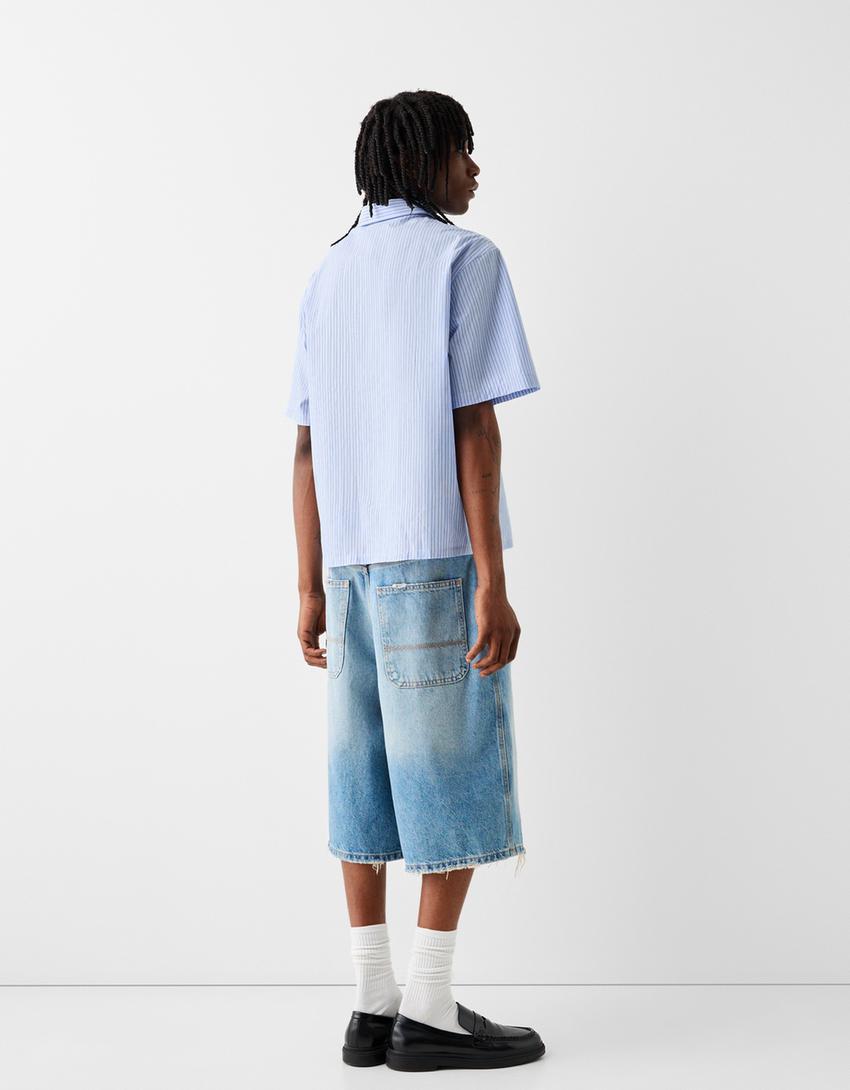 قميص بقصة مربعة وأكمام قصيرة-أزرق فاتح-1