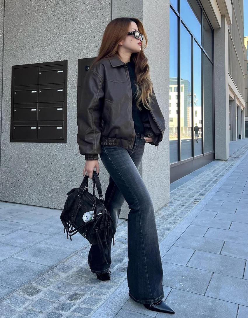 Bolso bowling efecto gastado tiras-Negro