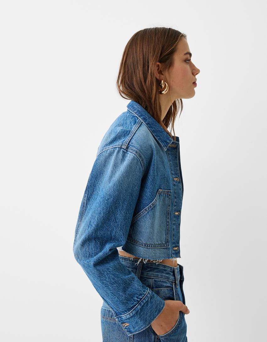 Cropped denim workwear jacket-Light blue-2