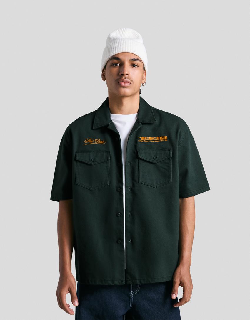 Camisa manga corta boxy bordado-Verde