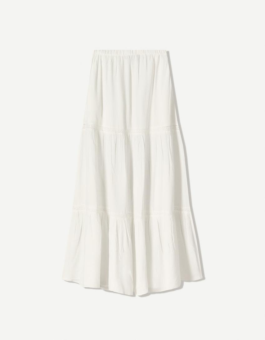 Midi skirt with lace trim-White