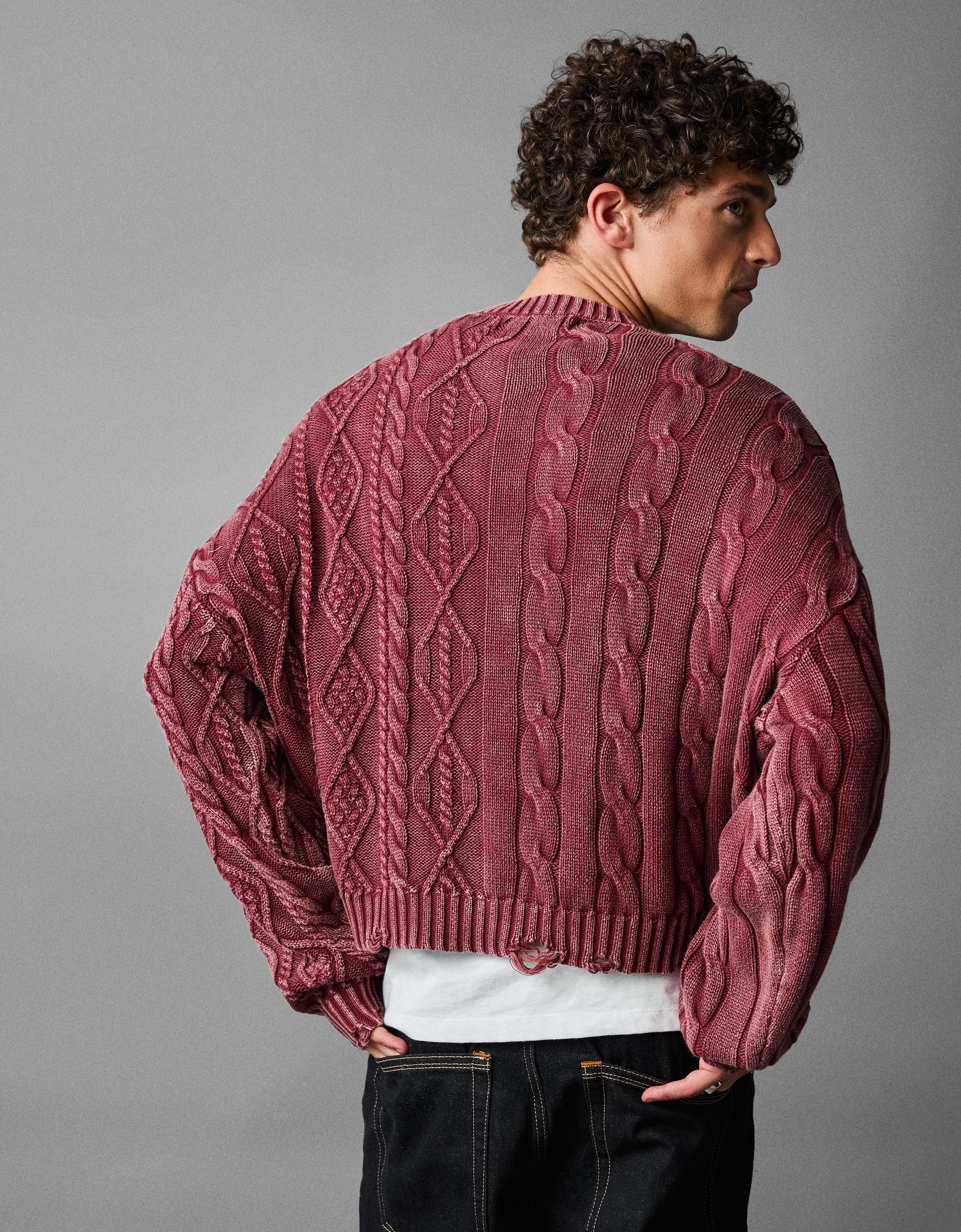 Washed-effect cable-knit jumper — Maroon