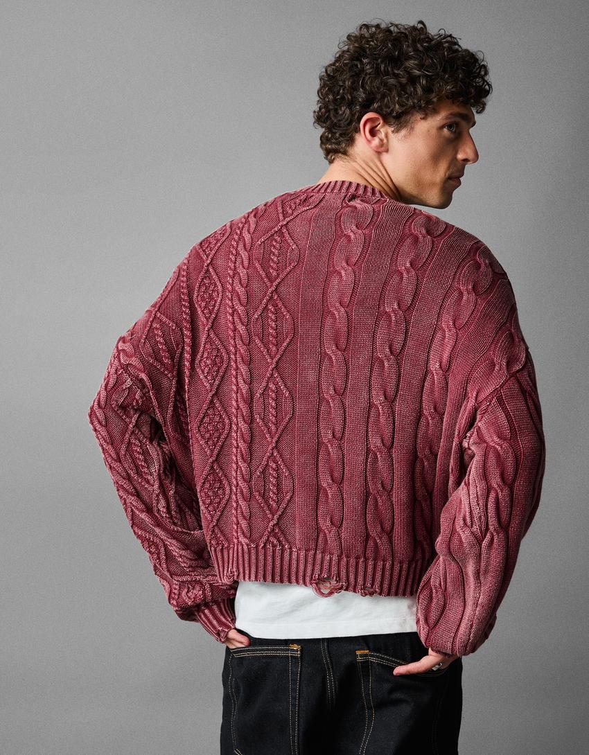 Zopfstrickpullover in Washed-Optik-Granatrot