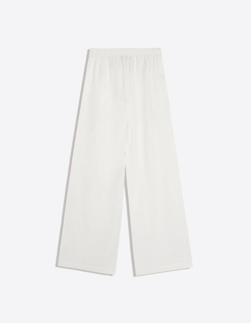 Linen blend trousers with an elasticated waistband-Off white