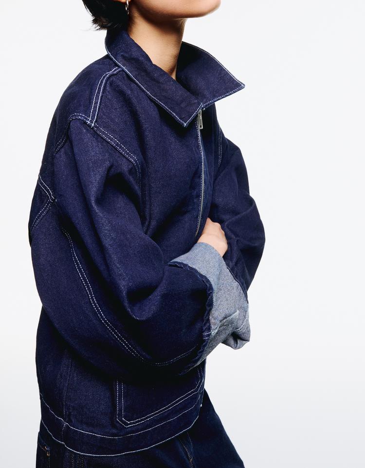 Dikiş detaylı ince denim ceket