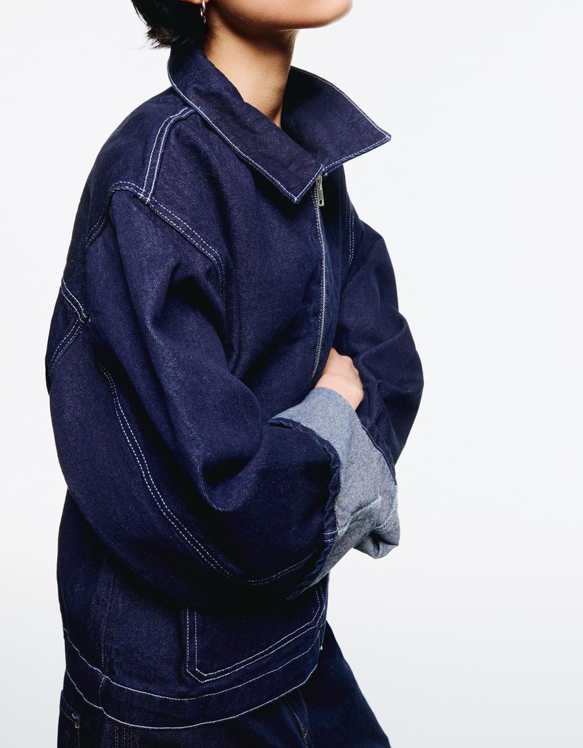 Denim overshirt with seam detail-Navy-1