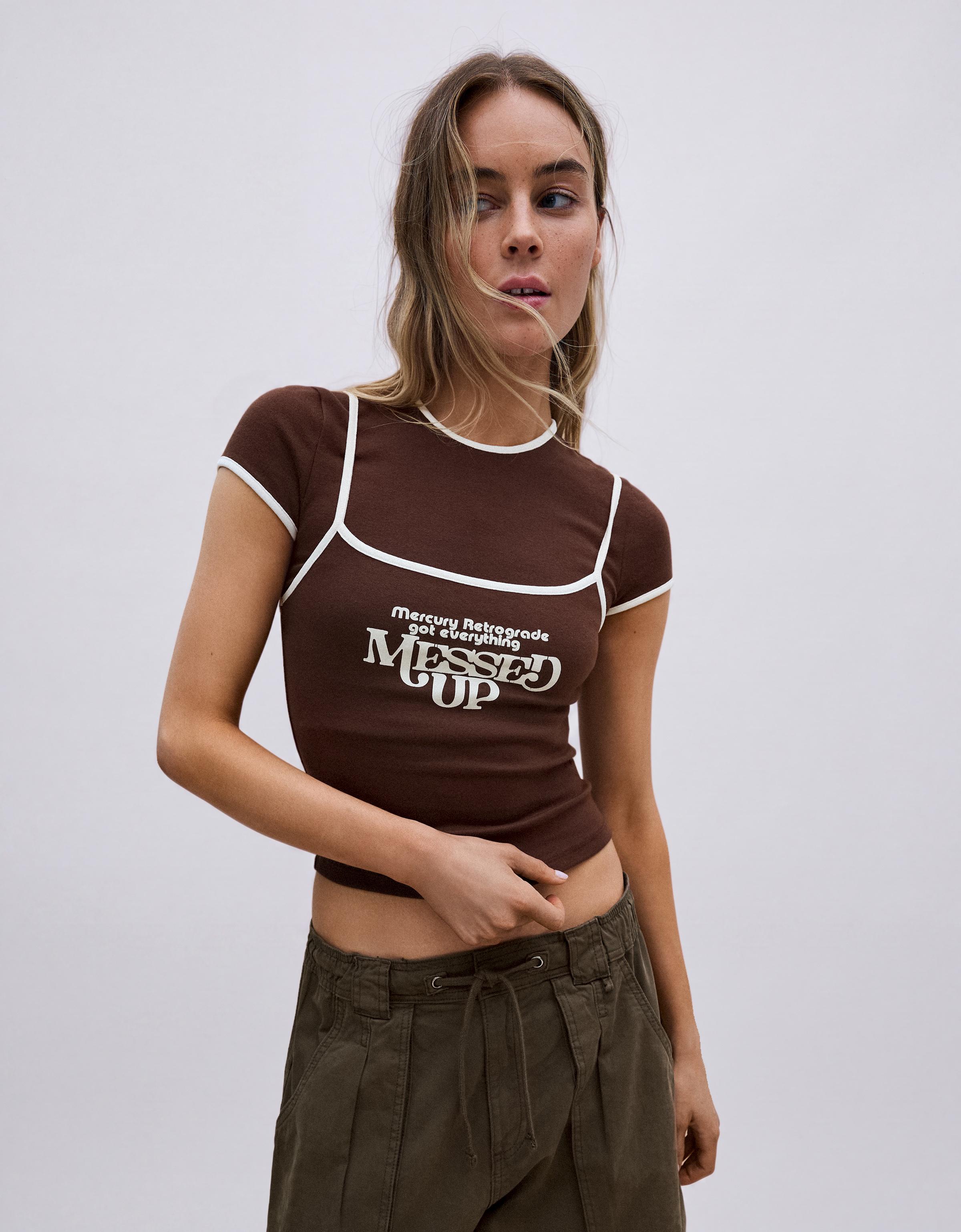 Double short sleeve T-shirt with contrast print — Brown