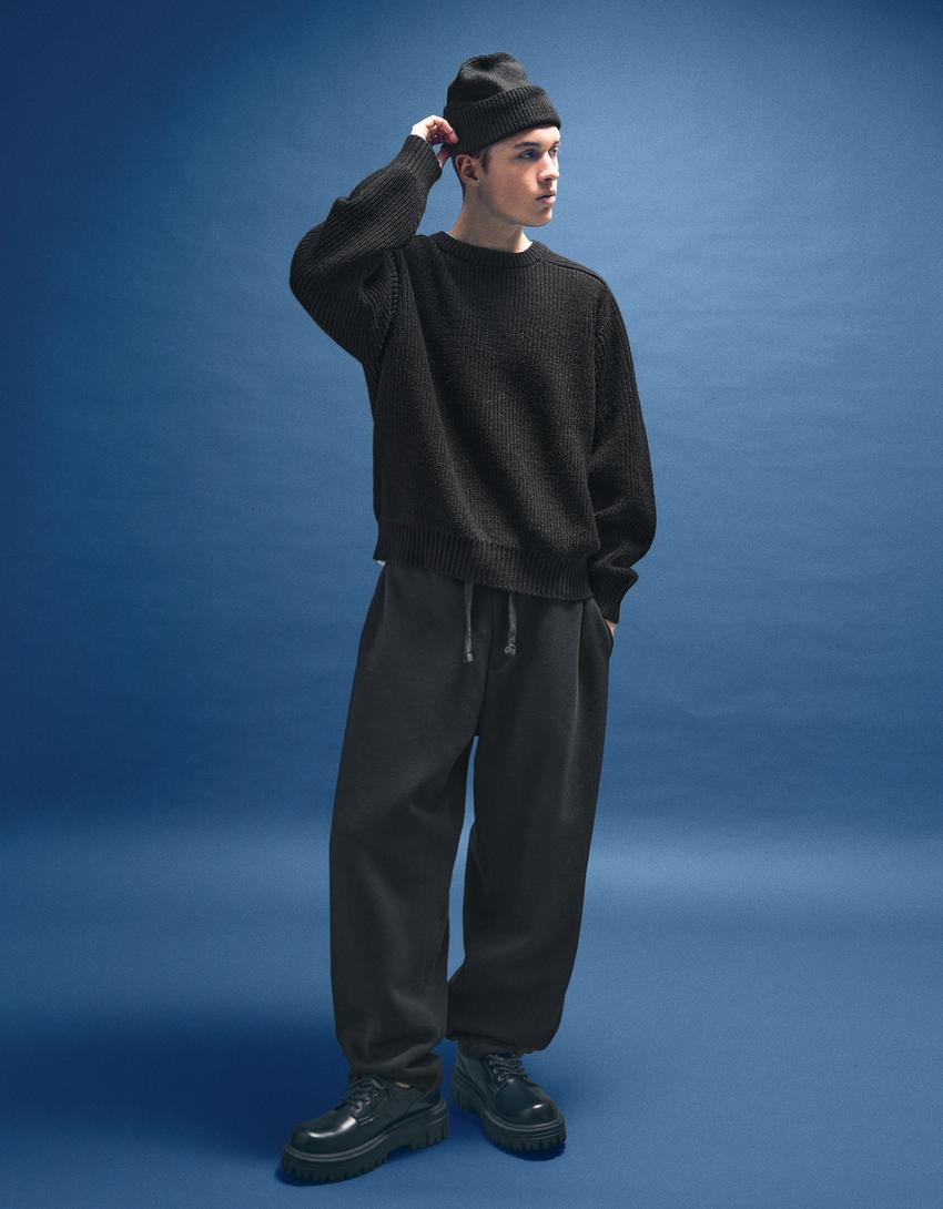 Светр оборотного переплетення зі змішаної тканини з вовною-Чорний