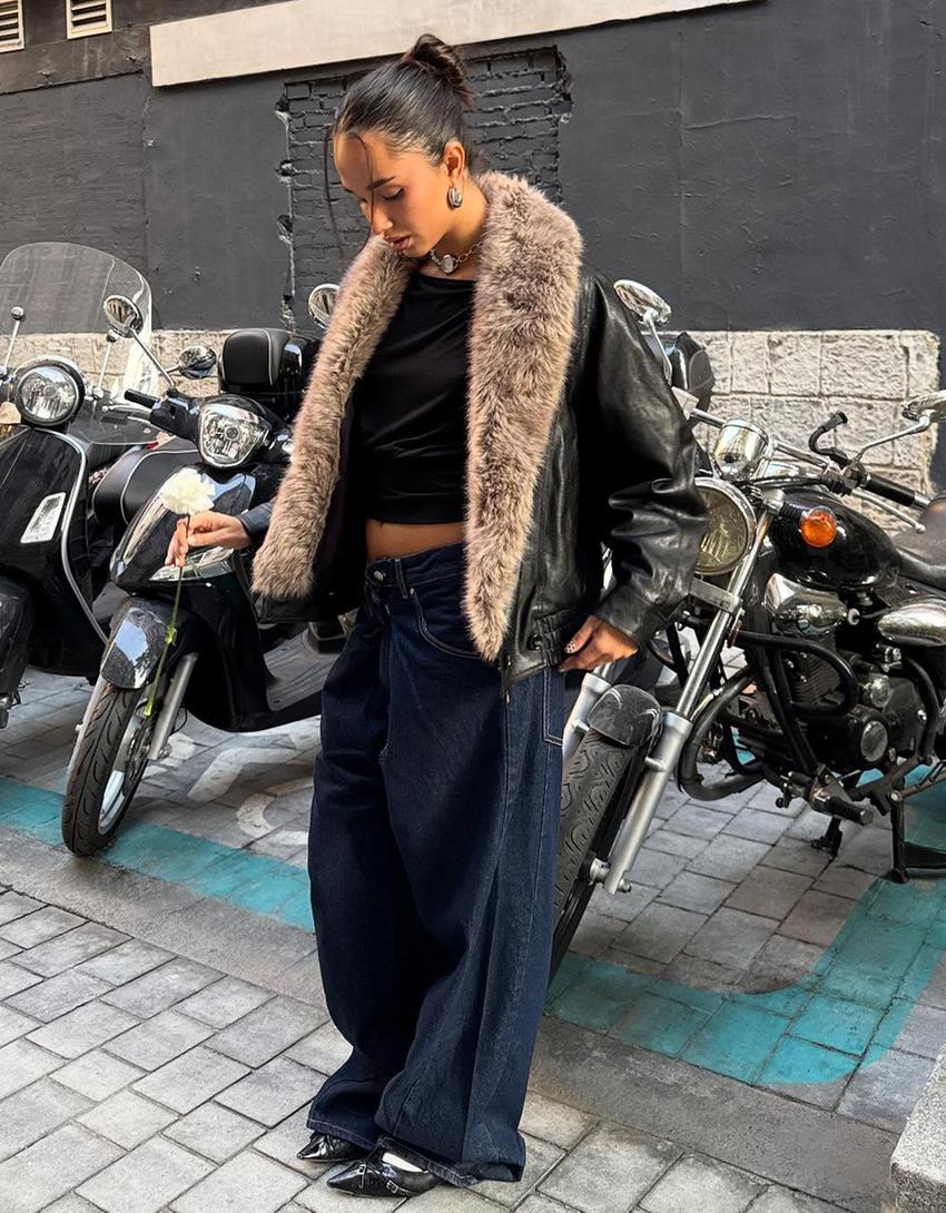 Blouson similicuir col fourrure-Noir