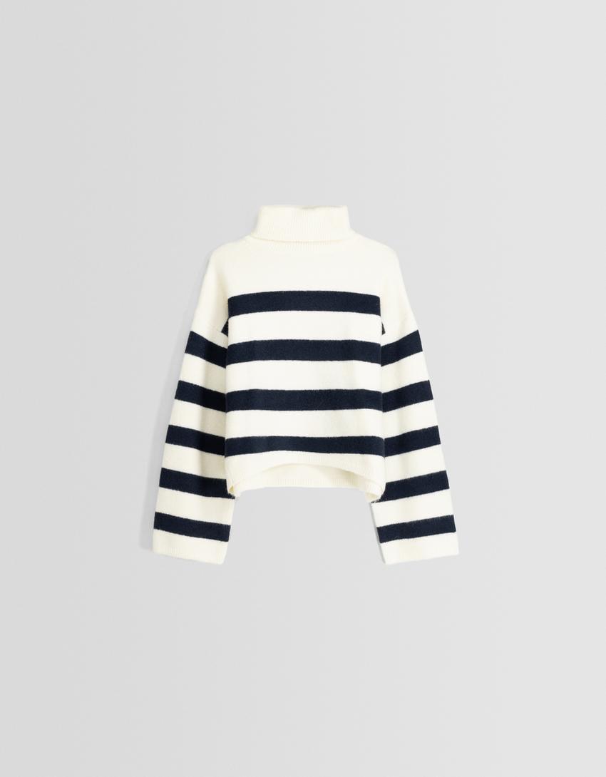 Striped high neck sweater-Blue-4