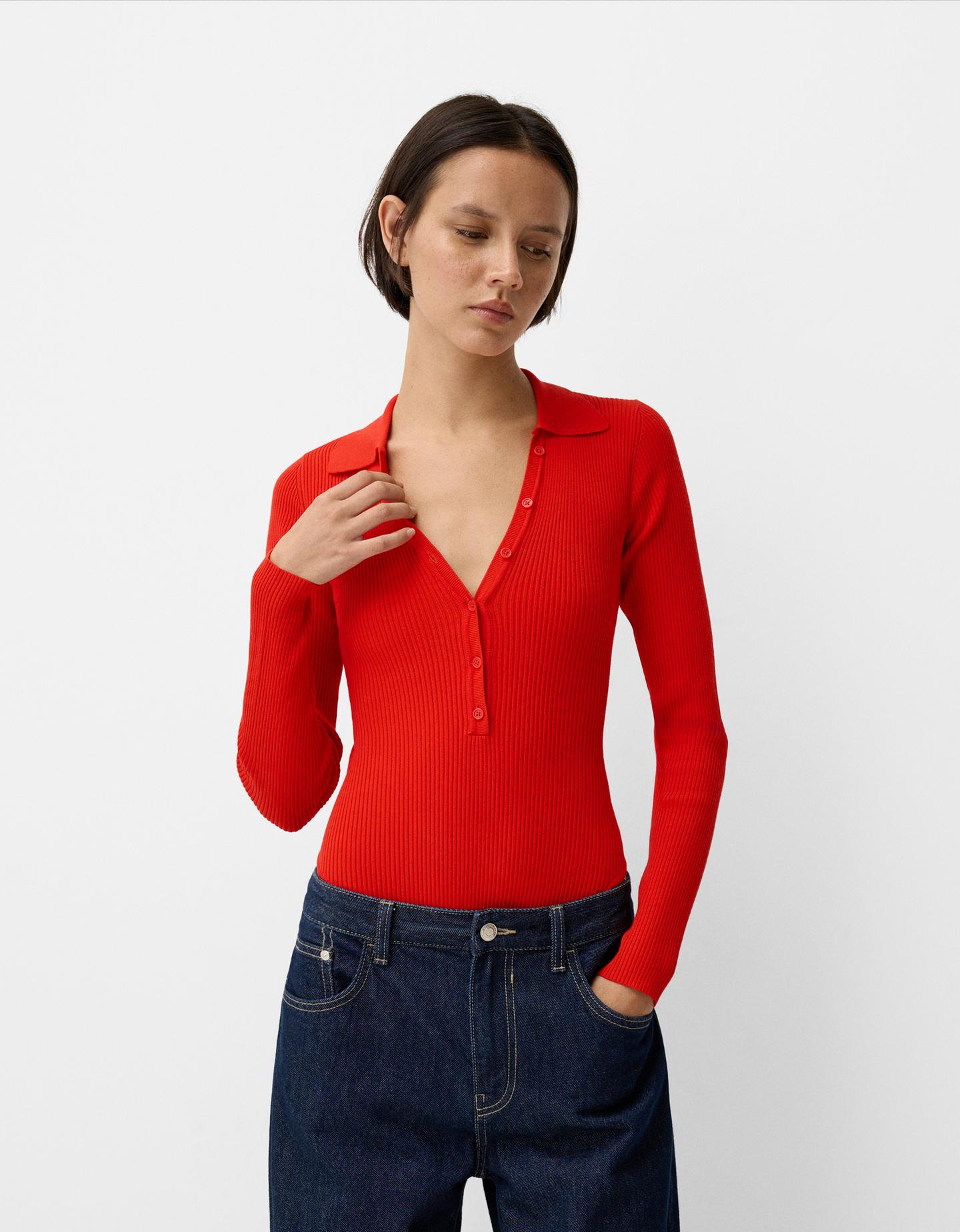 Bershka Body Manga Larga Cuello Polo Cut-Out Mujer Xs Rojo