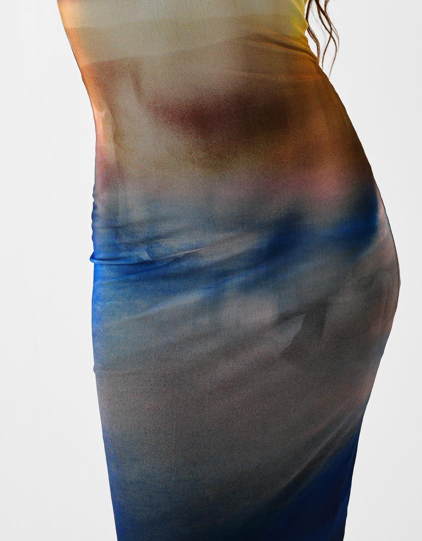 فستان تول مطبوع متوسط الطول بدون أكمام-أزرق-5