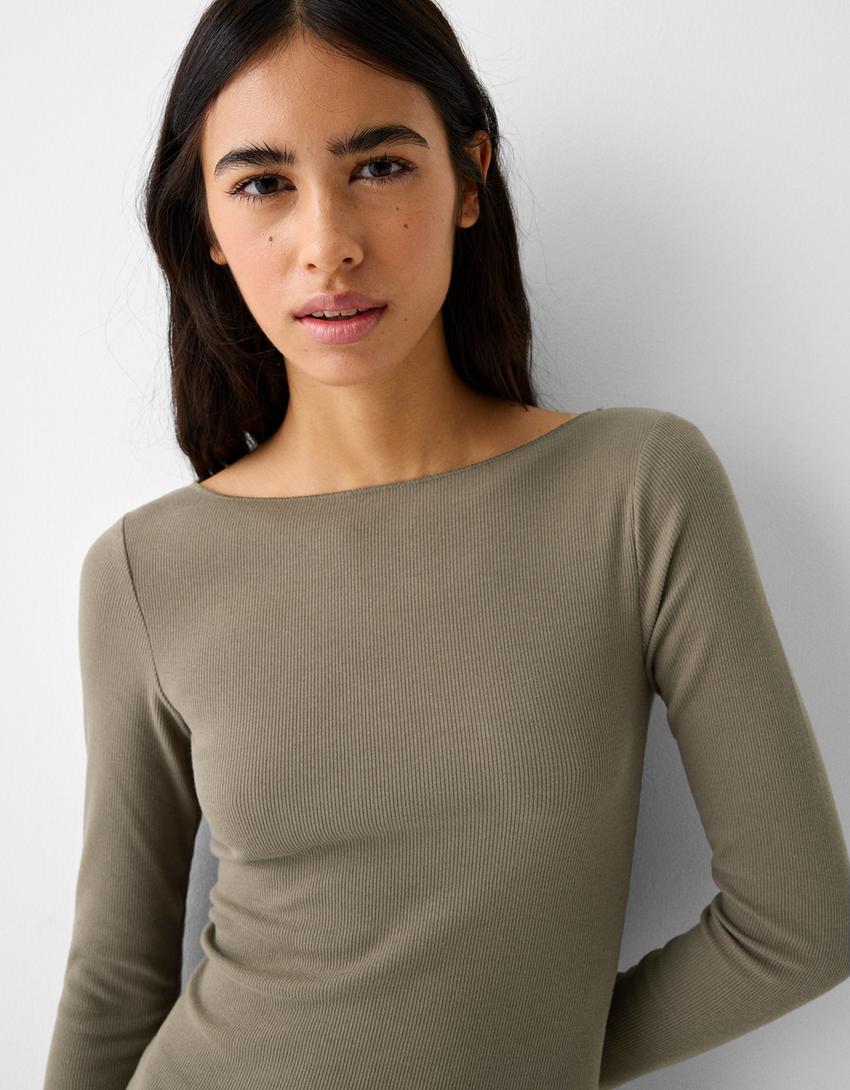 فستان ميدي محاك ومضلع بأكمام طويلة وياقة بوت-كاكي-3