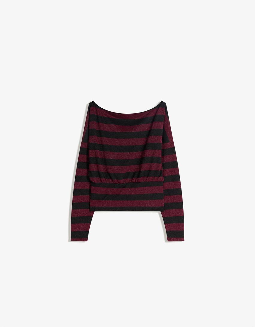 T-shirt à manches longues asymétrique à rayures brillantes-Bordeaux