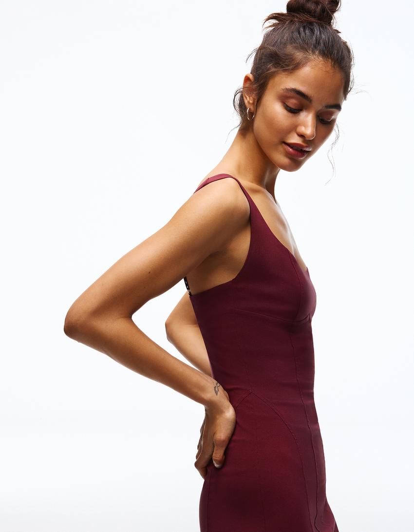 Minikleid aus Bengaline mit Trägern-Granatrot