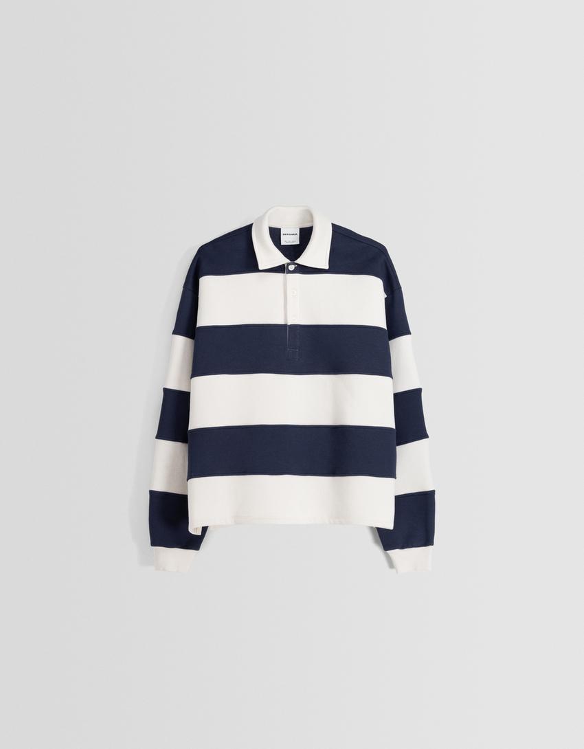 Striped polo collar sweatshirt-Beige