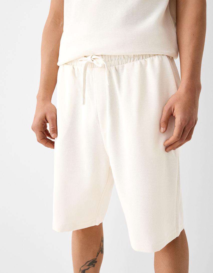 Bermuda relaxed fit molleton texturé-Blanc cassé-3