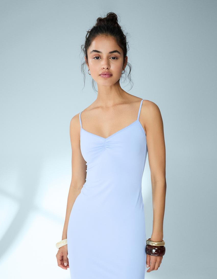 Vestido midi tirantes fruncido-Azul claro