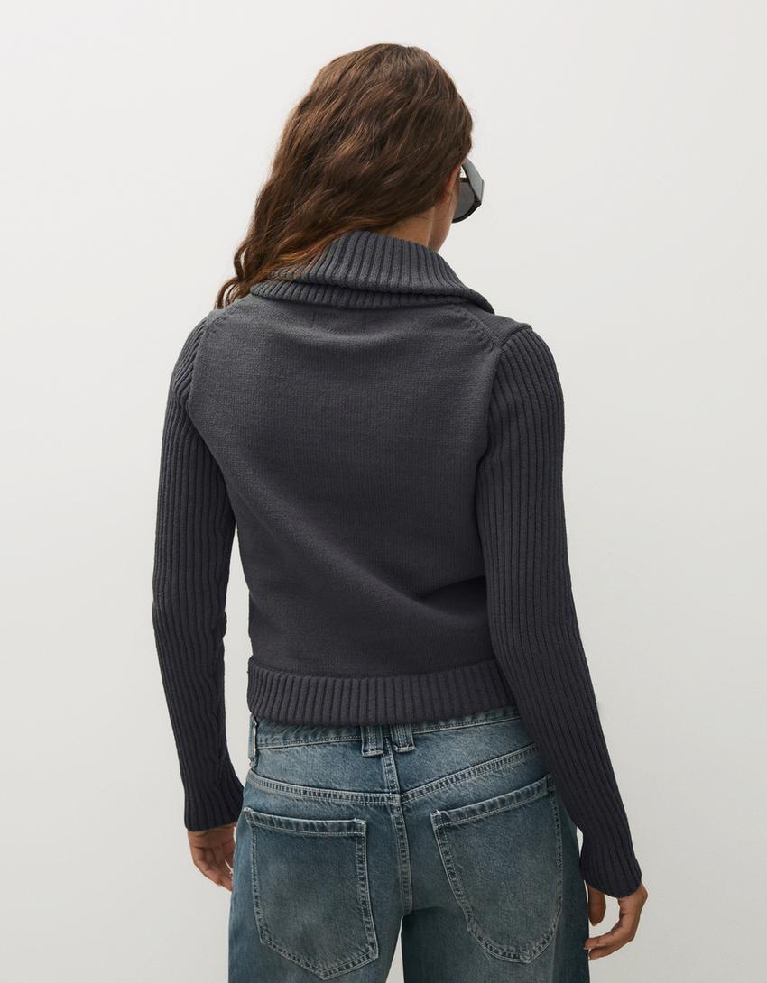 Lapel knit cardigan-Grey