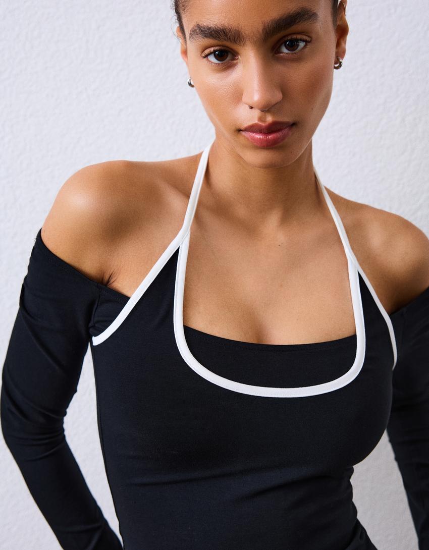 Camiseta manga larga cuello halter-Negro