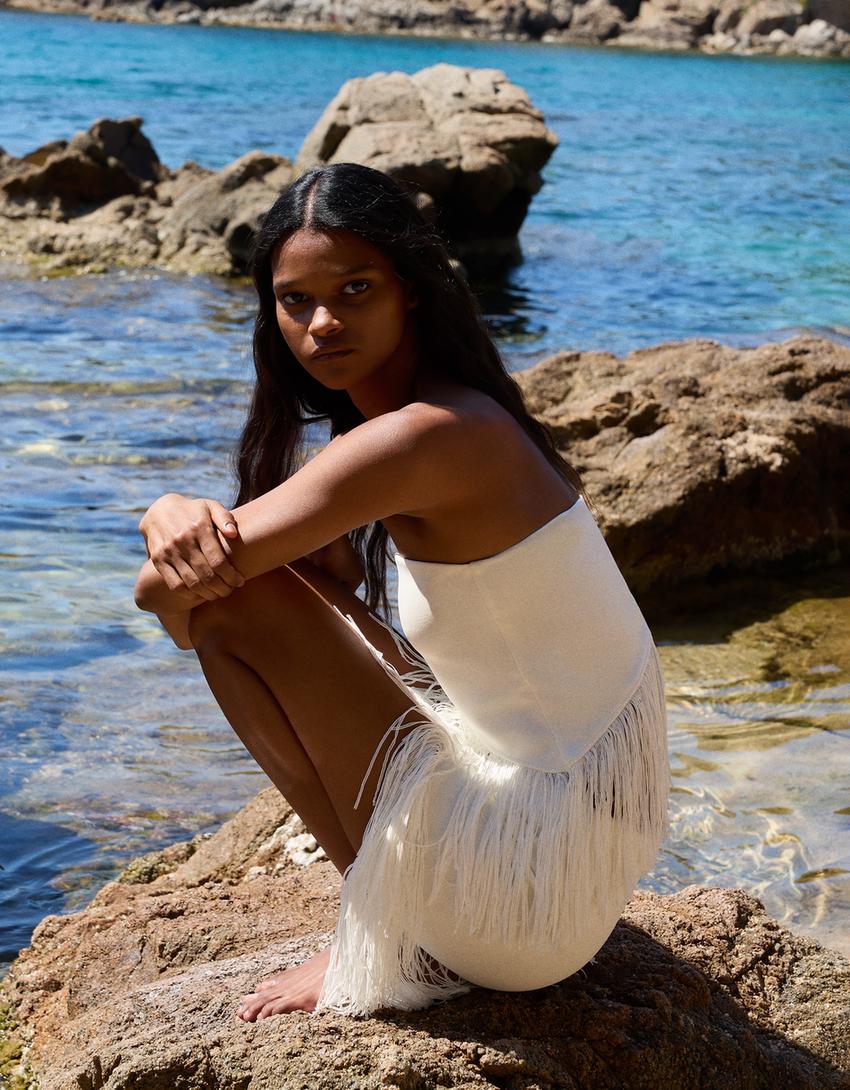 Top bustier à franges-Blanc cassé