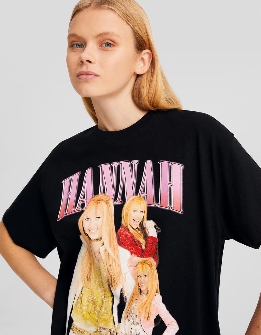 T-shirt Hannah Montana manga curta oversize estampado-Preto-2