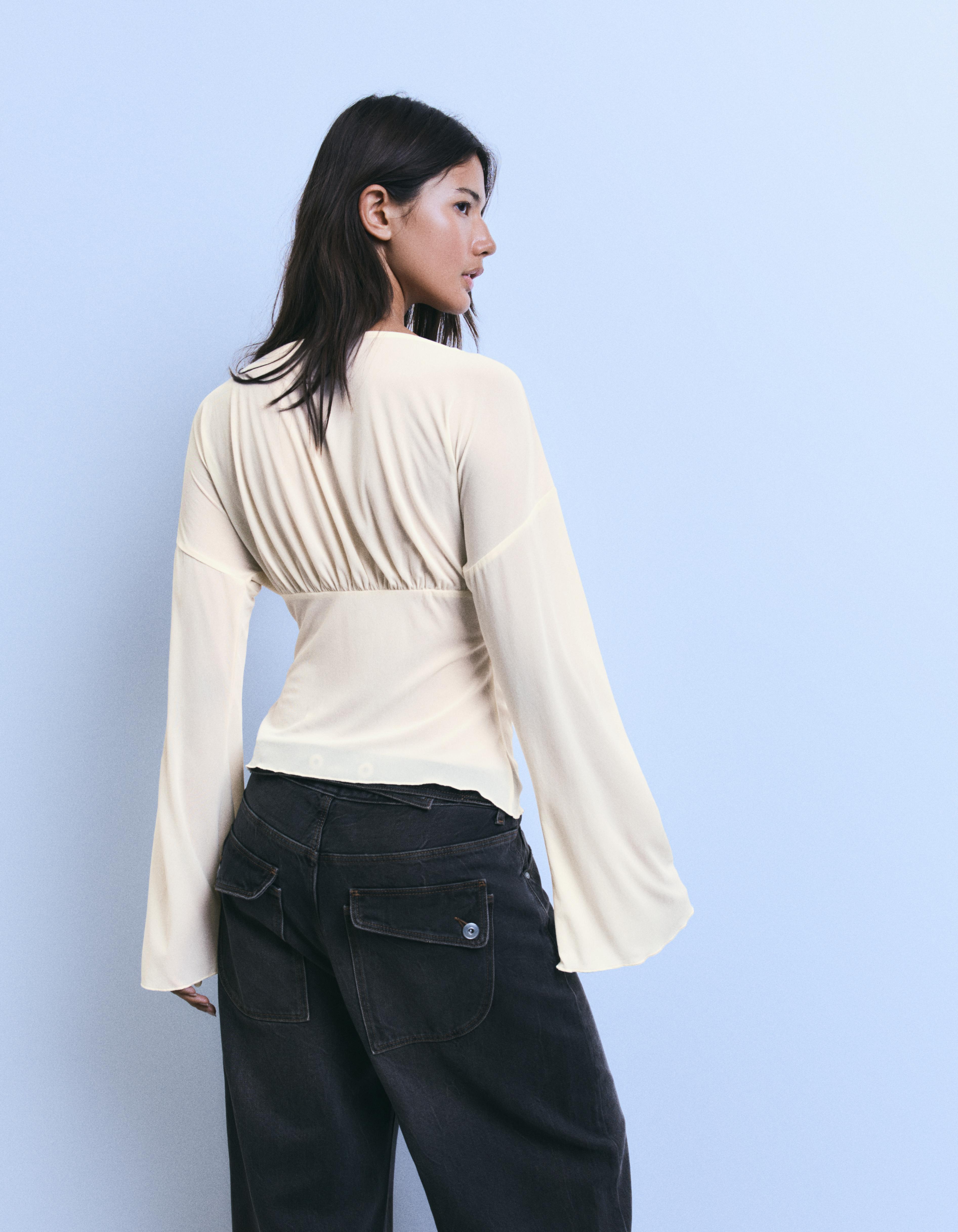 Long sleeve corset-effect T-shirt — Cream