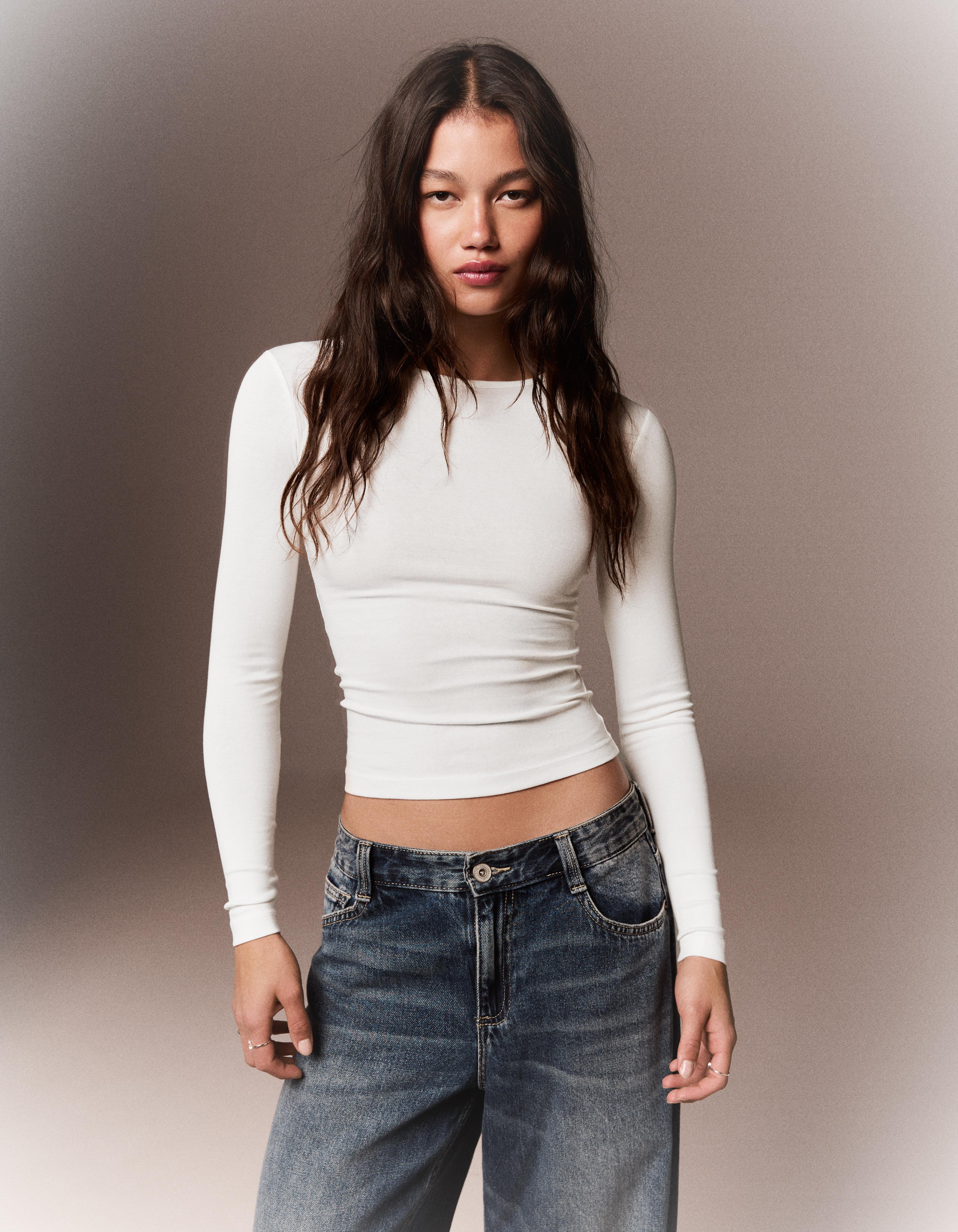 Bershka Camiseta Manga Larga Cuello Redondo Mujer Blanco Roto