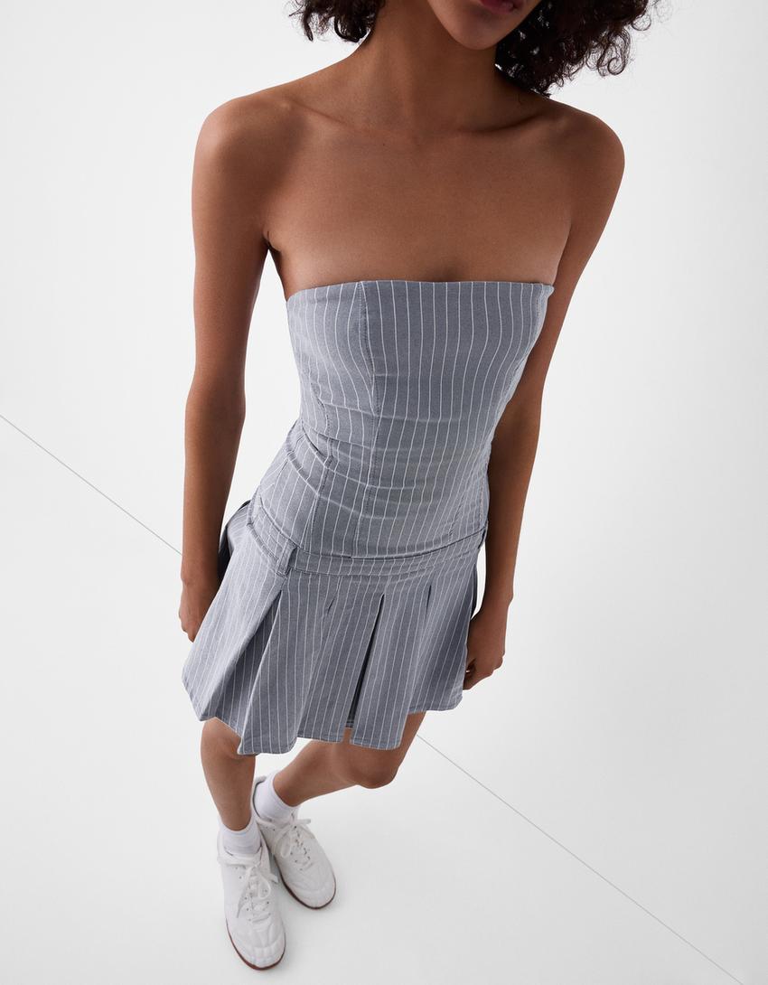 Short dress with box pleats-Blue-3