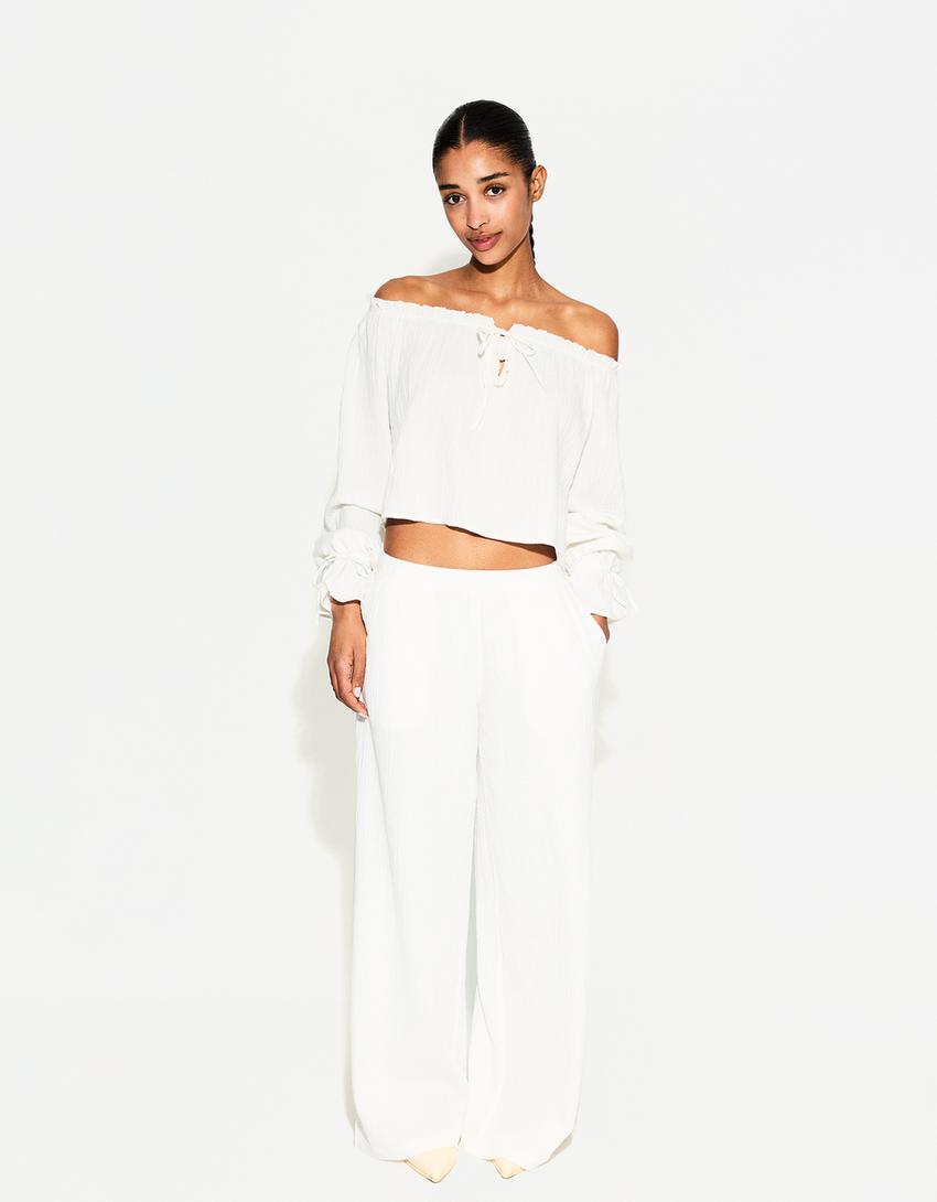 Pantalon wide leg rustique double cloth-Blanc