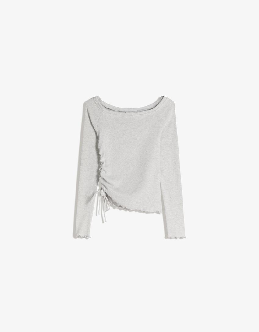 Asymmetric long sleeve ruched T-shirt-Grey