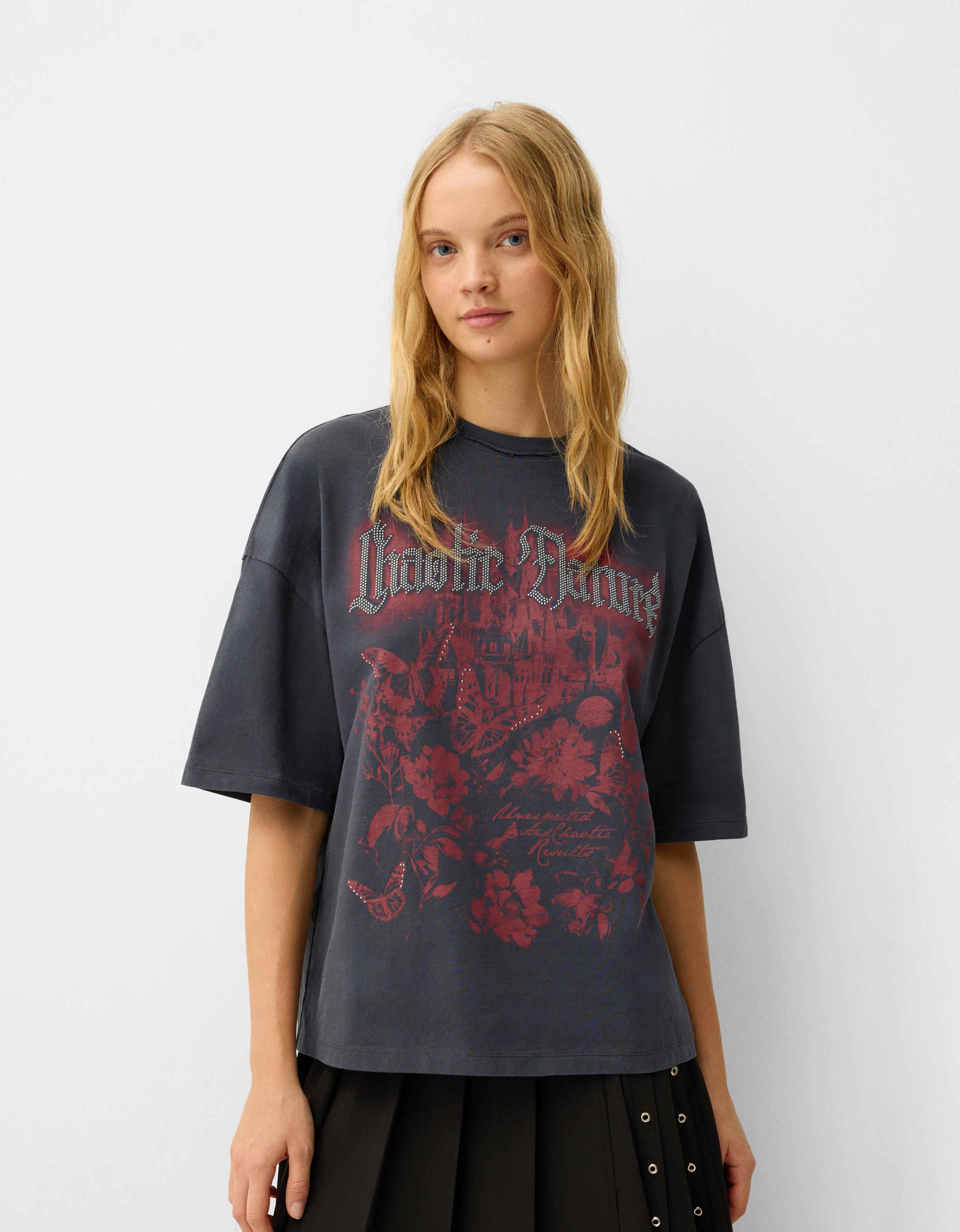 Bershka Oversize-T-Shirt Mit Print Damen M Dunkelgrau