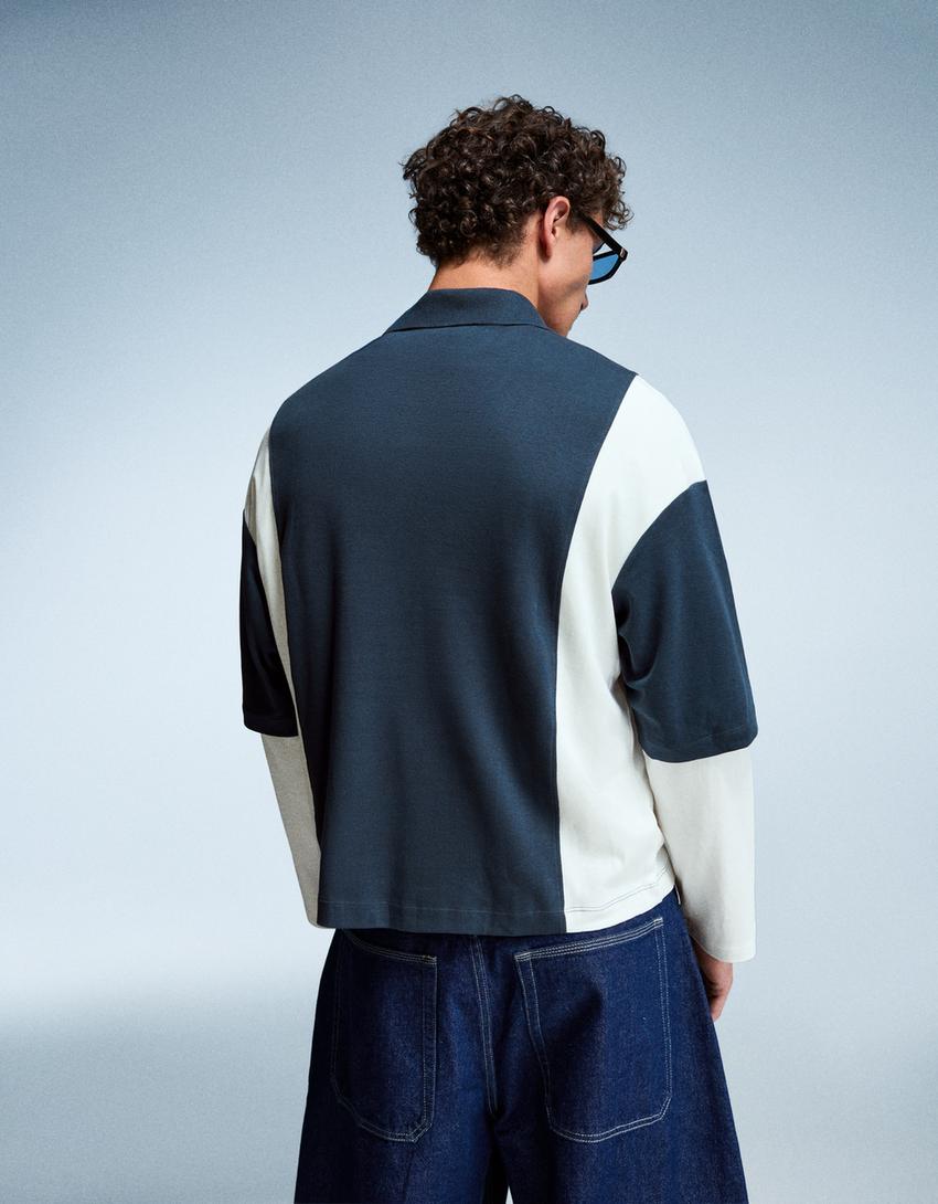 Boxy fit polo met print en korte mouw-Blauw