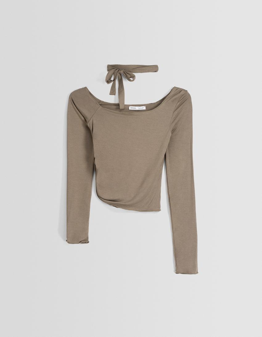 تيشرت وشاح غير متماثل بأكمام طويلة-كاكي-4