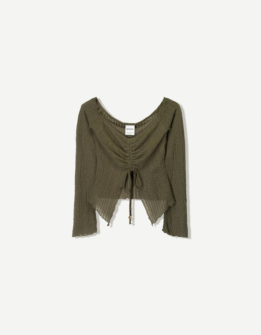 Rustic gathered knit sweater-Khaki