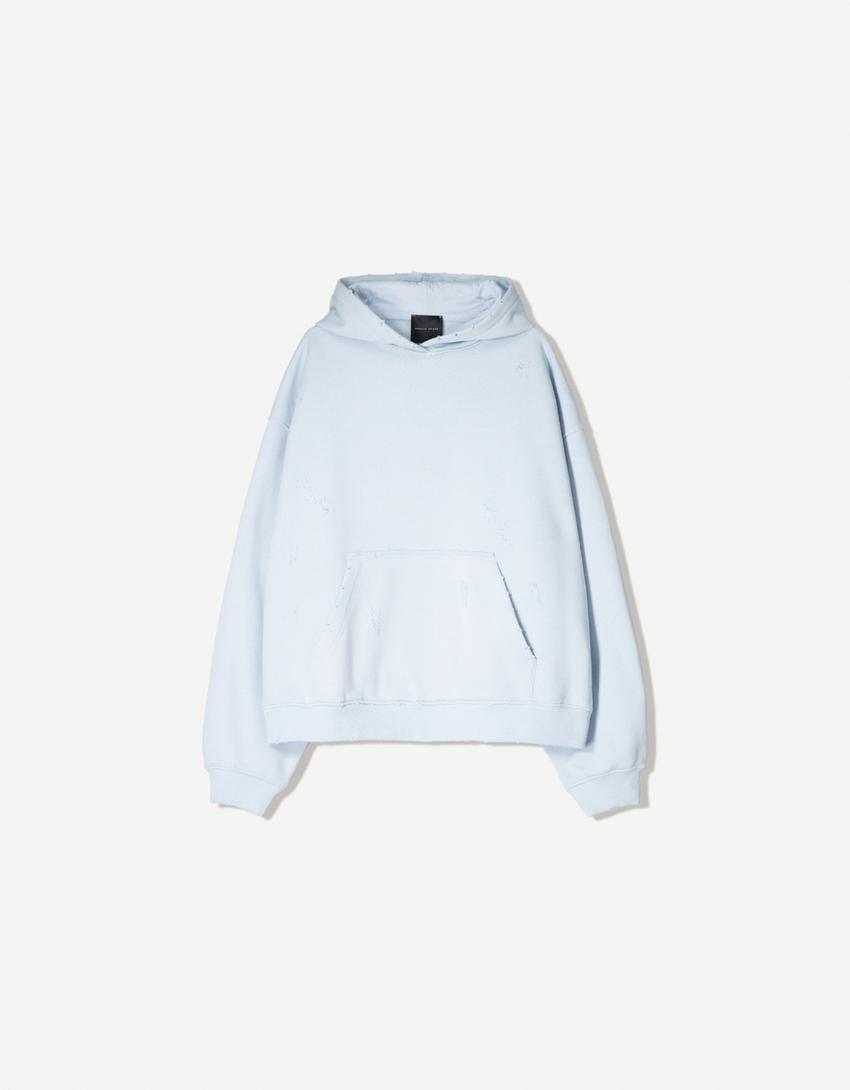 Kapüşonlu ve yırtık detaylı sweatshirt-Açık mavi-4