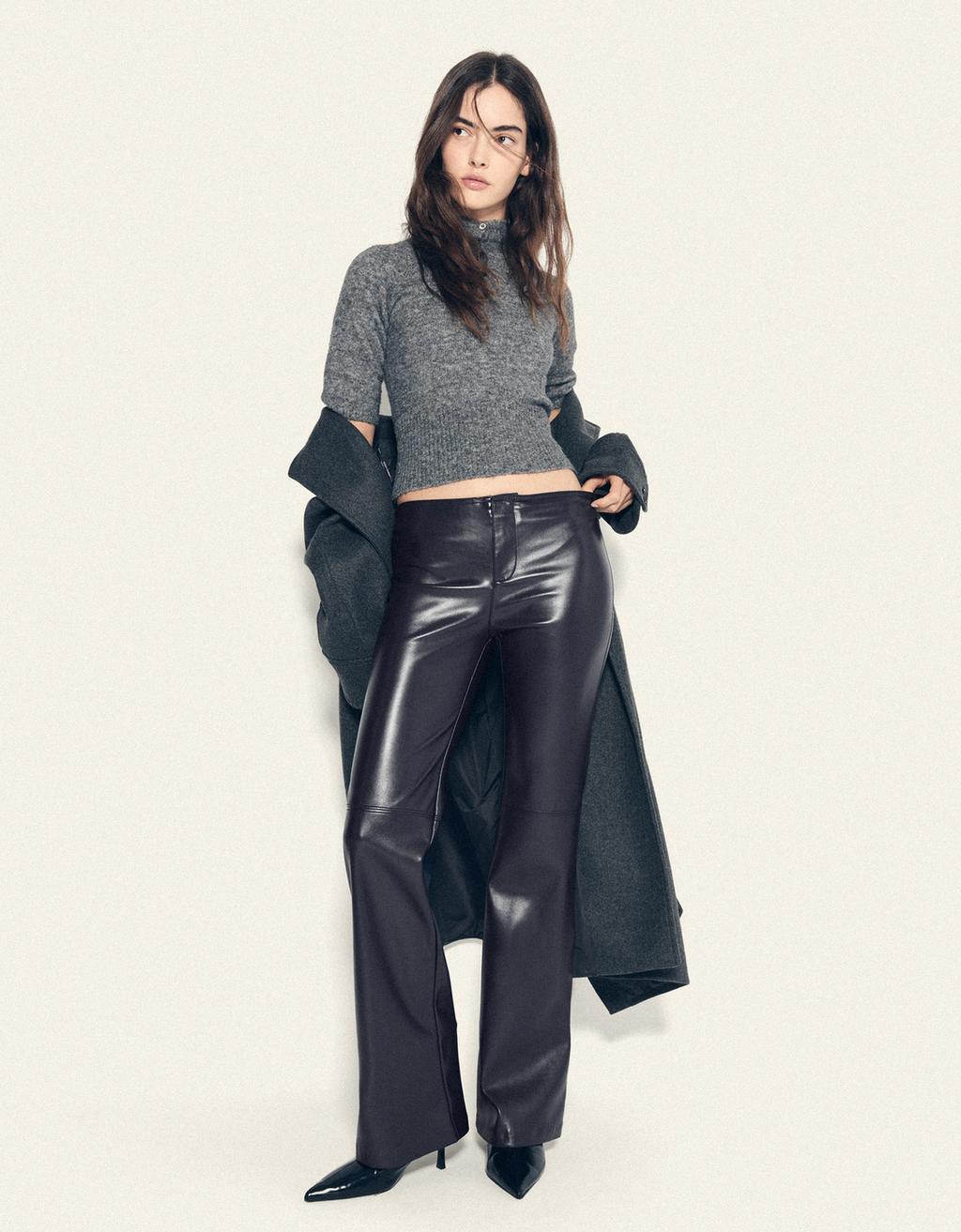 Plain-waist leather-effect slim trousers