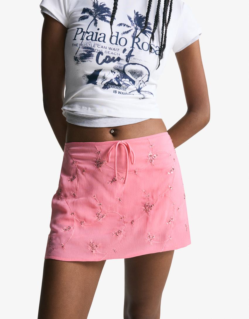 Minijupe brodée-Rose-2