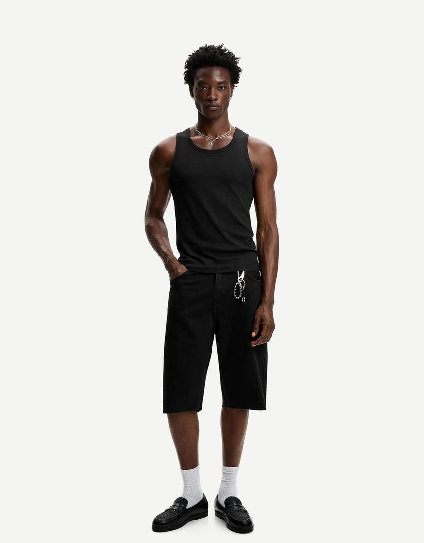 Baggy fit denim bermuda-Siyah-0