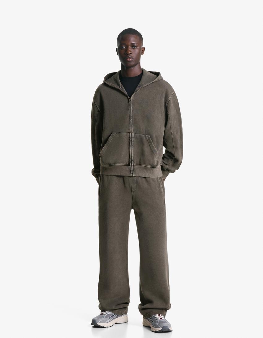 Faded-effect piqué sweatshirt with zip-Grey-0